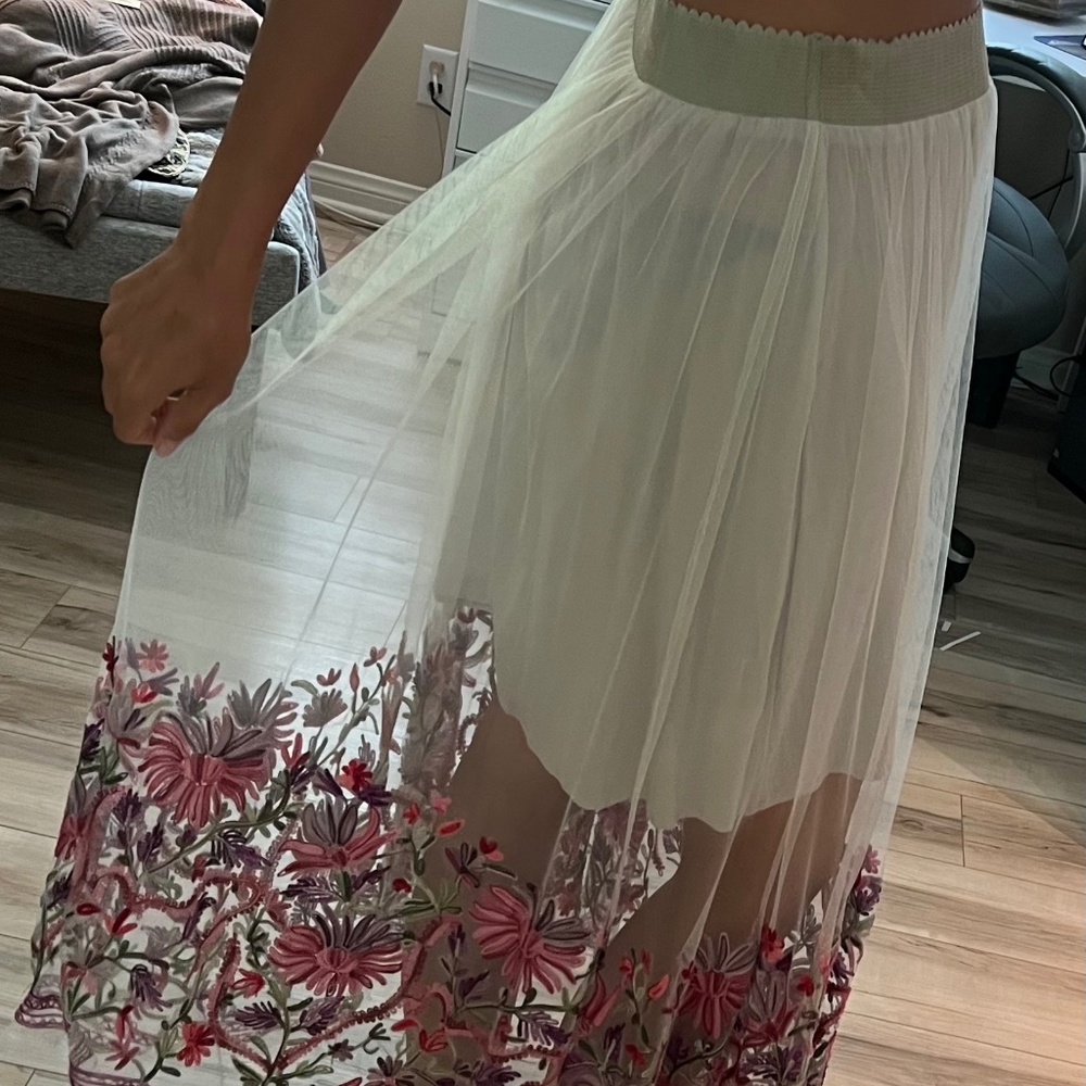 Whimsical Floral Embroidered long skirt with see through overlay